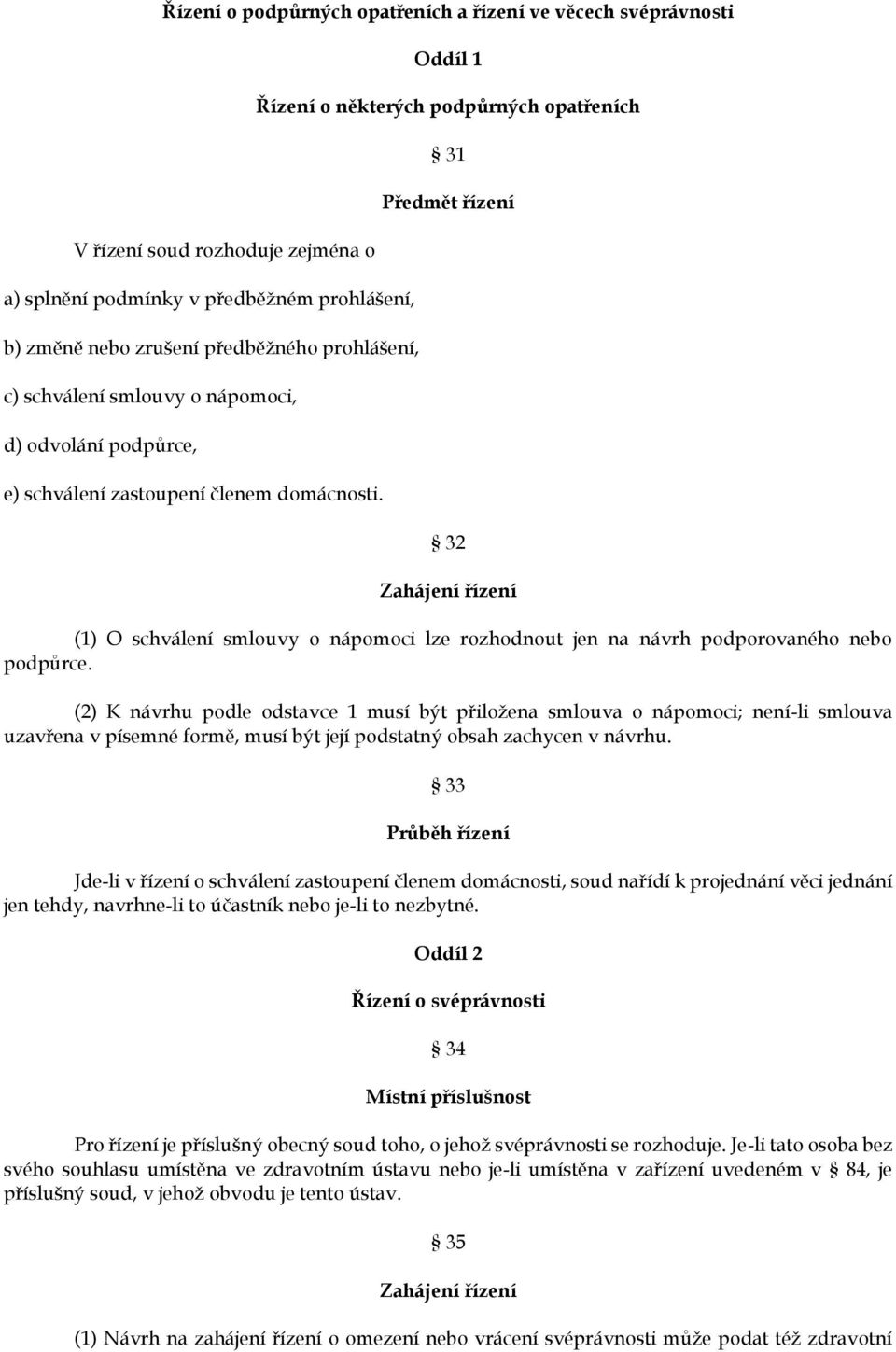 Oddíl 1 Řízení o některých podpůrných opatřeních 31 Předmět řízení 32 Zahájení řízení (1) O schválení smlouvy o nápomoci lze rozhodnout jen na návrh podporovaného nebo podpůrce.