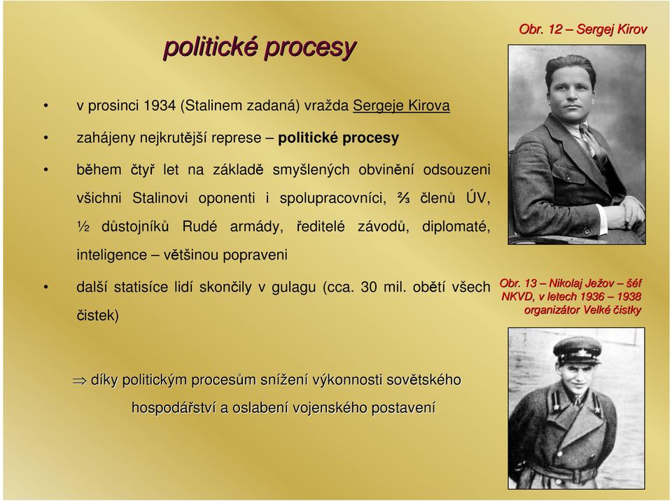 smyšlených obvinění odsouzeni všichni Stalinovi oponenti i spolupracovníci, ⅔ členů ÚV, ½ důstojníků Rudé armády, ředitelé závodů, diplomaté,