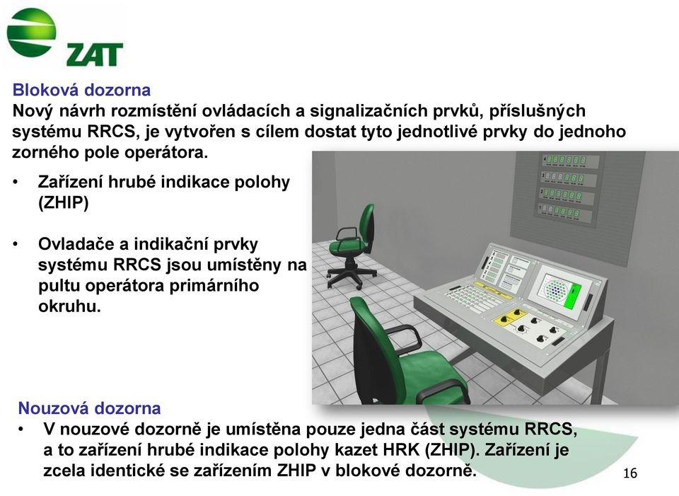 Zařízení hrubé indikace polohy (ZHIP) Ovladače a indikační prvky systému RRCS jsou umístěny na pultu operátora primárního