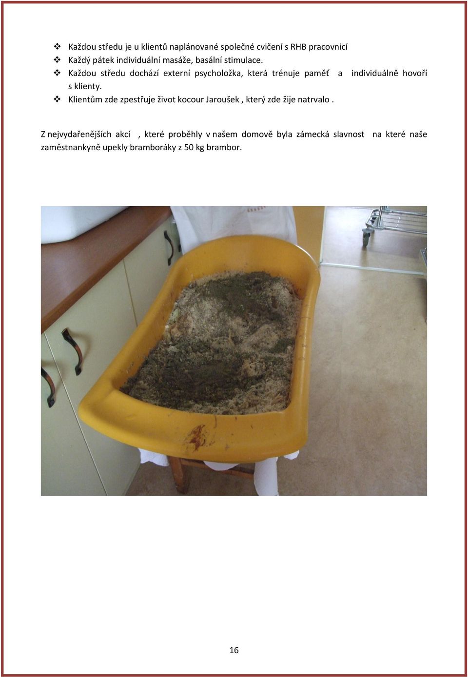 Každou středu dochází externí psycholožka, která trénuje paměť a individuálně hovoří s klienty.