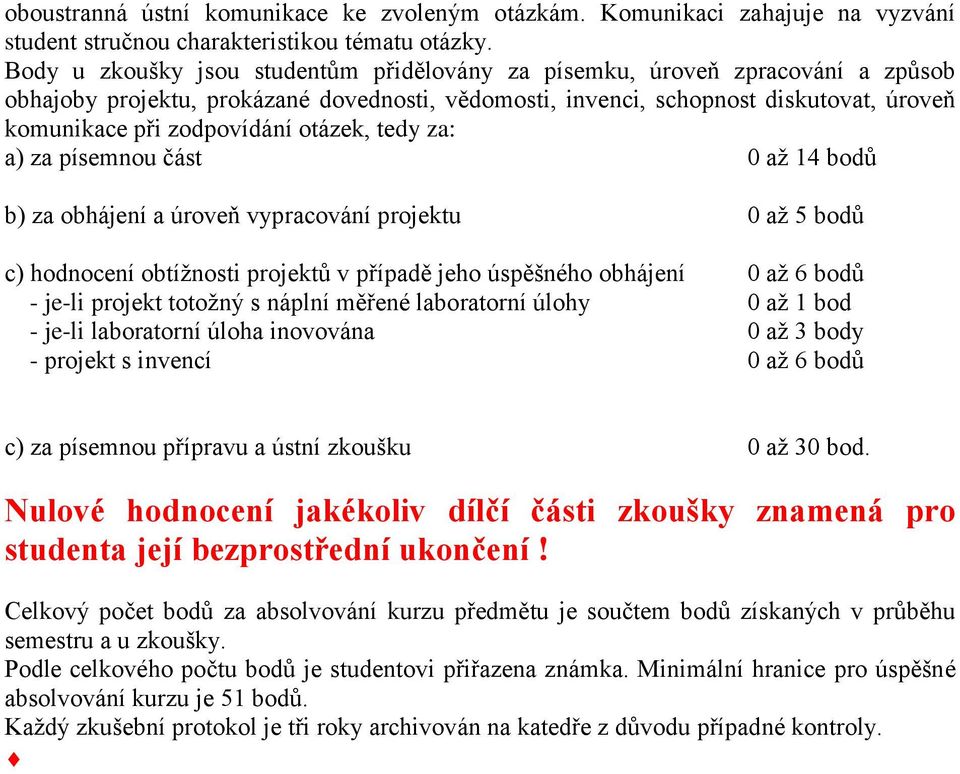otázek, tedy za: a) za písemnou část 0 až 14 bodů b) za obhájení a úroveň vypracování projektu 0 až 5 bodů c) hodnocení obtížnosti projektů v případě jeho úspěšného obhájení 0 až 6 bodů - je-li
