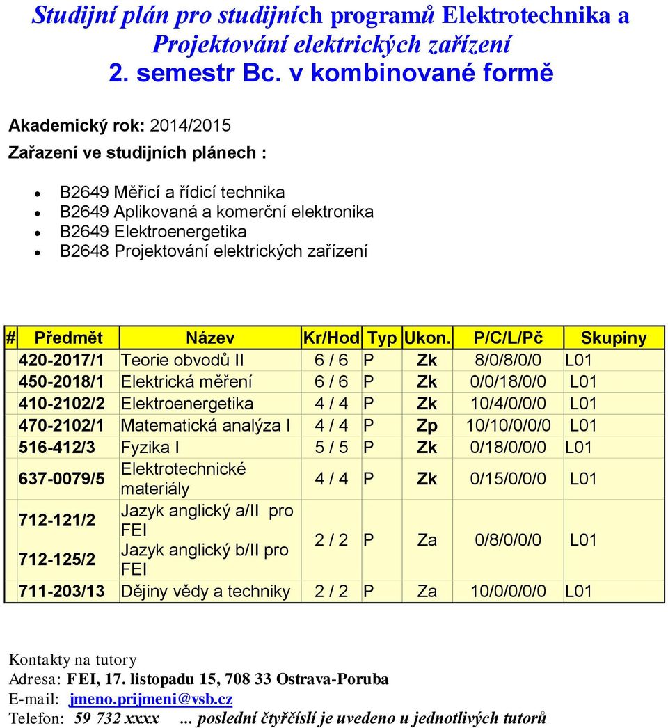 elektrických zařízení # Předmět Název Kr/Hod Typ Ukon.