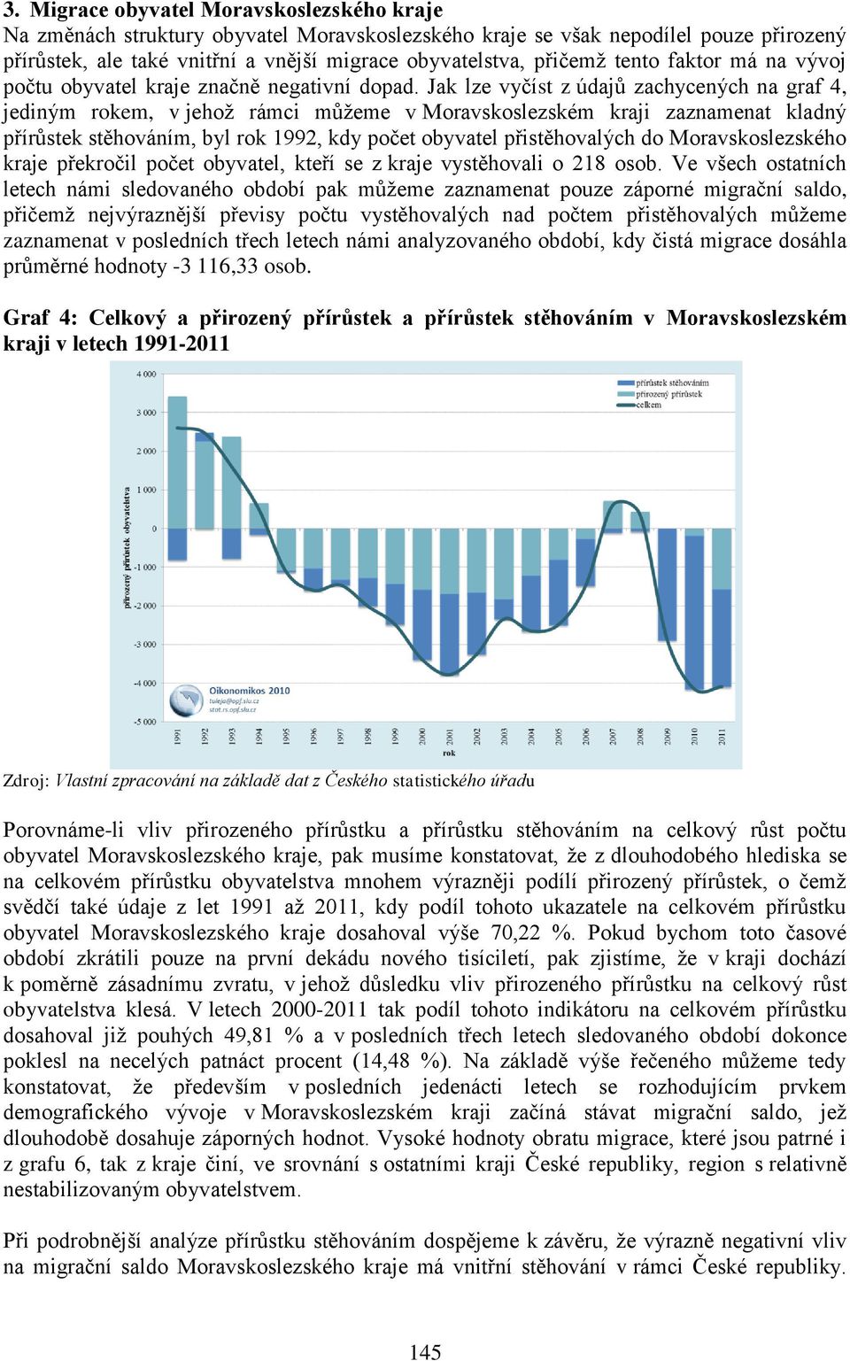 Jak lze vyčíst z údajů zachycených na graf 4, jediným rokem, v jehož rámci můžeme v Moravskoslezském kraji zaznamenat kladný přírůstek stěhováním, byl rok 1992, kdy počet obyvatel přistěhovalých do