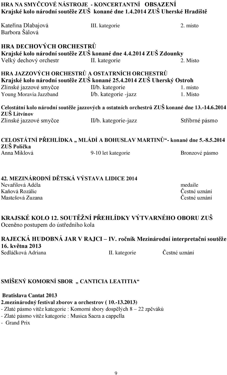 Místo HRA JAZZOVÝCH ORCHESTRŮ A OSTATRNÍCH ORCHESTRŮ Krajské kolo národní soutěže ZUŠ konané 25.4.2014 ZUŠ Uherský Ostroh Zlínské jazzové smyčce II/b. kategorie 1. místo Young Moravia Jazzband I/b.