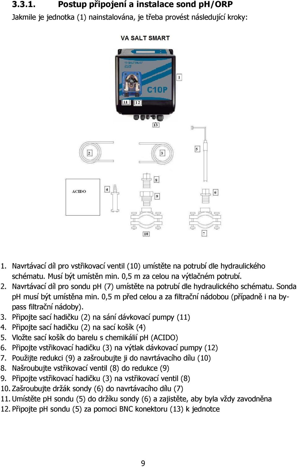 Navrtávací díl pro sondu ph (7) umístěte na potrubí dle hydraulického schématu. Sonda ph musí být umístěna min. 0,5 m před celou a za filtrační nádobou (případně i na bypass filtrační nádoby). 3.