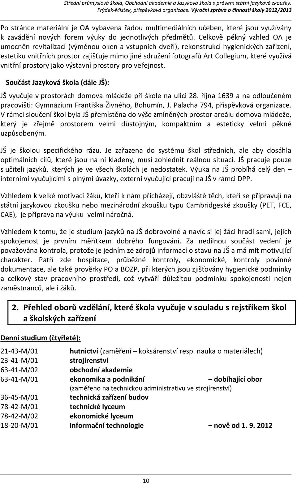které využívá vnitřní prostory jako výstavní prostory pro veřejnost. Součást Jazyková škola (dále JŠ): JŠ vyučuje v prostorách domova mládeže při škole na ulici 28.