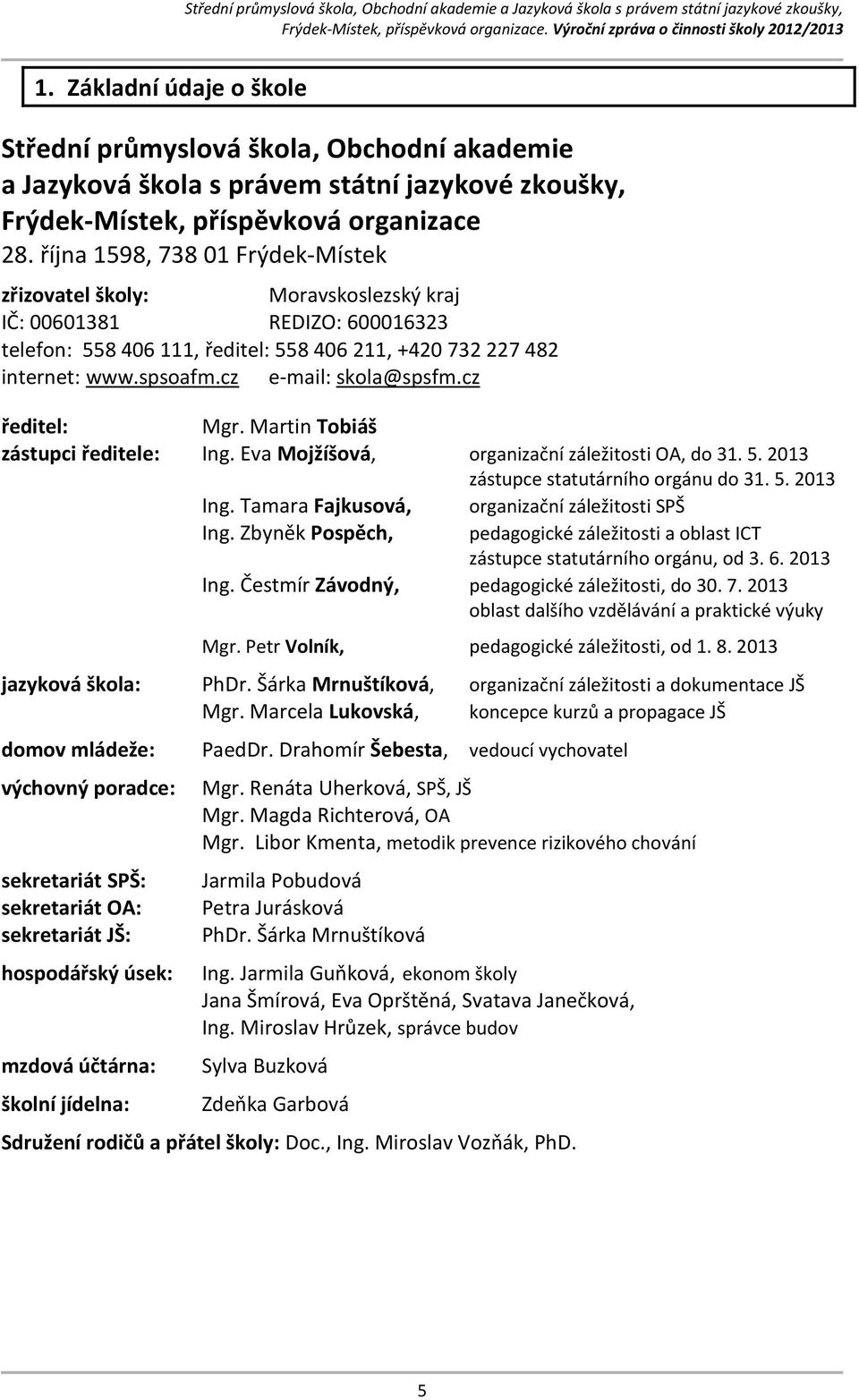 cz e-mail: skola@spsfm.cz ředitel: Mgr. Martin Tobiáš zástupci ředitele: Ing. Eva Mojžíšová, organizační záležitosti OA, do 31. 5. 2013 zástupce statutárního orgánu do 31. 5. 2013 Ing.