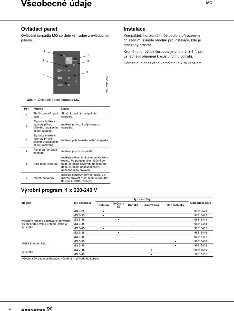 Kromě toho, výtlak čerpadla je ohebný, ± 5, pro usnadnění připojení k existujícímu potrubí. Čerpadlo je dodáváno kompletní s 2 m kabalem. 6 5 TM01 9684 2600 Obr. 1 Ovládací panel čerpadla MQ Pol.