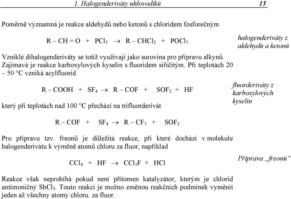 Při teplotách 20 50 vzniká acylfluorid SF 4 F který při teplotách nad 100 přechází na trifluorderivát SF 2 F halogenderiváty z aldehydů a ketonů fluorderiváty z karboxylových kyselin F SF 4 F 3 SF 2