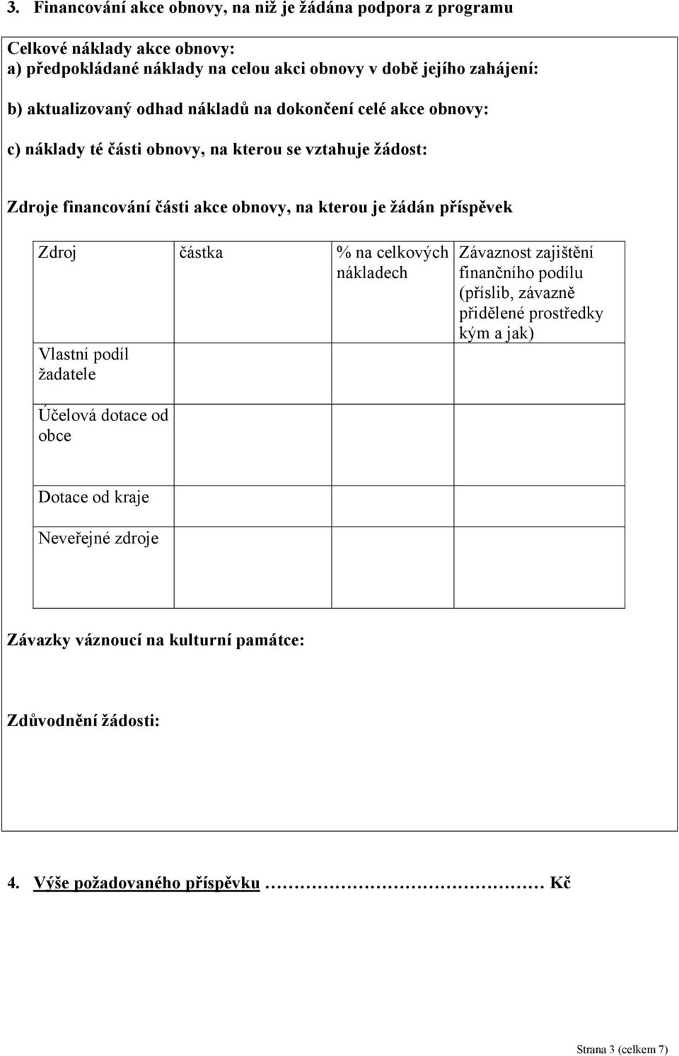 je žádán příspěvek Zdroj částka % na celkových nákladech Vlastní podíl žadatele Závaznost zajištění finančního podílu (příslib, závazně přidělené prostředky kým a