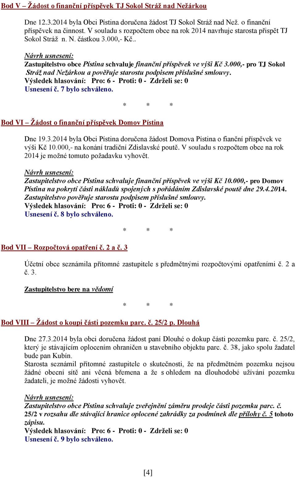 000,- pro TJ Sokol Stráž nad Nežárkou a pověřuje starostu podpisem příslušné smlouvy. Usnesení č. 7 bylo schváleno. Bod VI Žádost o finanční příspěvek Domov Pístina Dne 19.3.