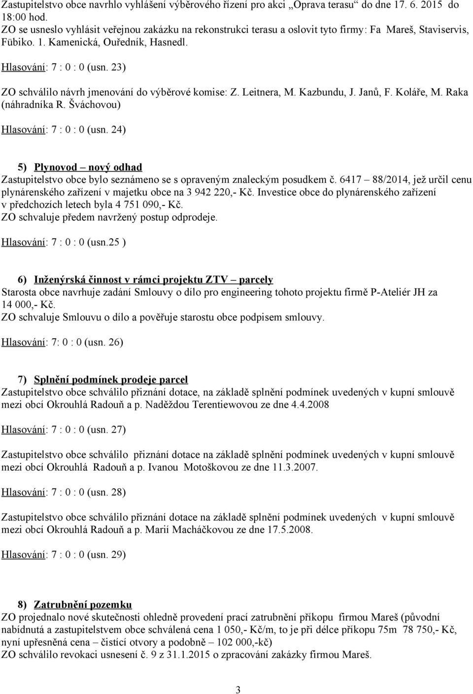 23) ZO schválilo návrh jmenování do výběrové komise: Z. Leitnera, M. Kazbundu, J. Janů, F. Koláře, M. Raka (náhradníka R. Šváchovou) Hlasování: 7 : 0 : 0 (usn.