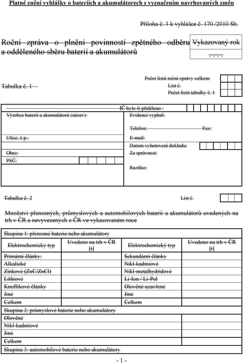 1 Výrobce baterií a akumulátorů (název): Ulice, č.p.: Obec: PSČ: IČ bylo-li přiděleno : Evidenci vyplnil: Telefon: E-mail: Datum vyhotovení dokladu: Za správnost: Razítko: Fax: Tabulka č. 2 List č.