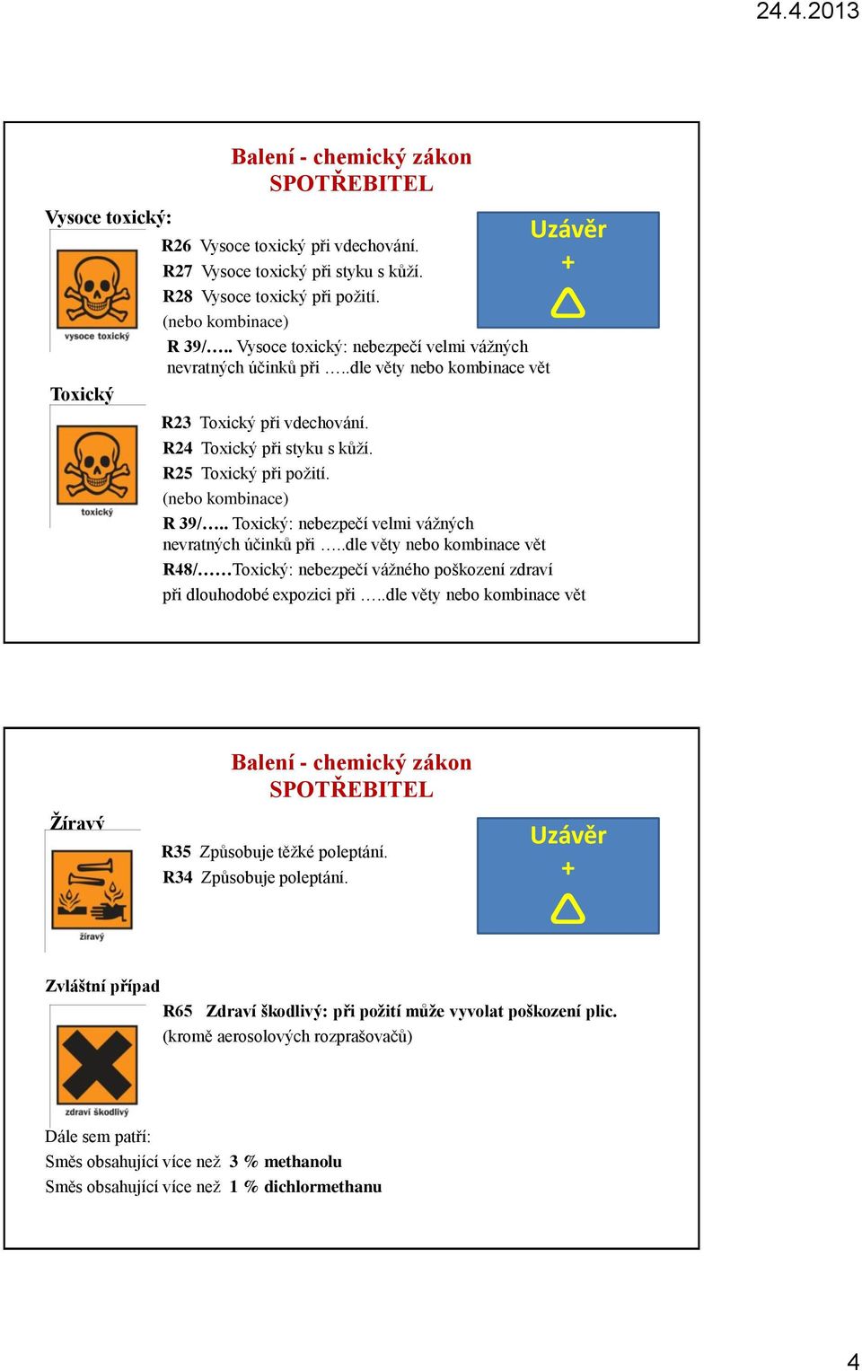 (nebo kombinace) R 39/.. Toxický: nebezpečí velmi vážných nevratných účinků při..dle věty nebo kombinace vět R48/ Toxický: nebezpečí vážného poškození zdraví při dlouhodobé expozici při.