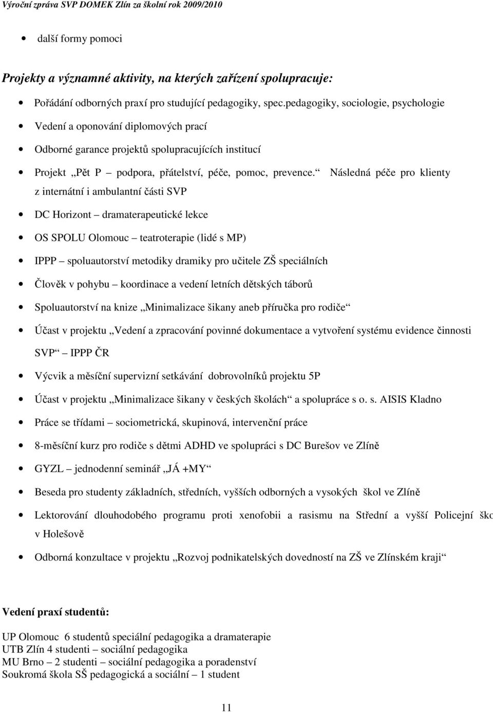 Následná péče pro klienty z internátní i ambulantní části SVP DC Horizont dramaterapeutické lekce OS SPOLU Olomouc teatroterapie (lidé s MP) IPPP spoluautorství metodiky dramiky pro učitele ZŠ