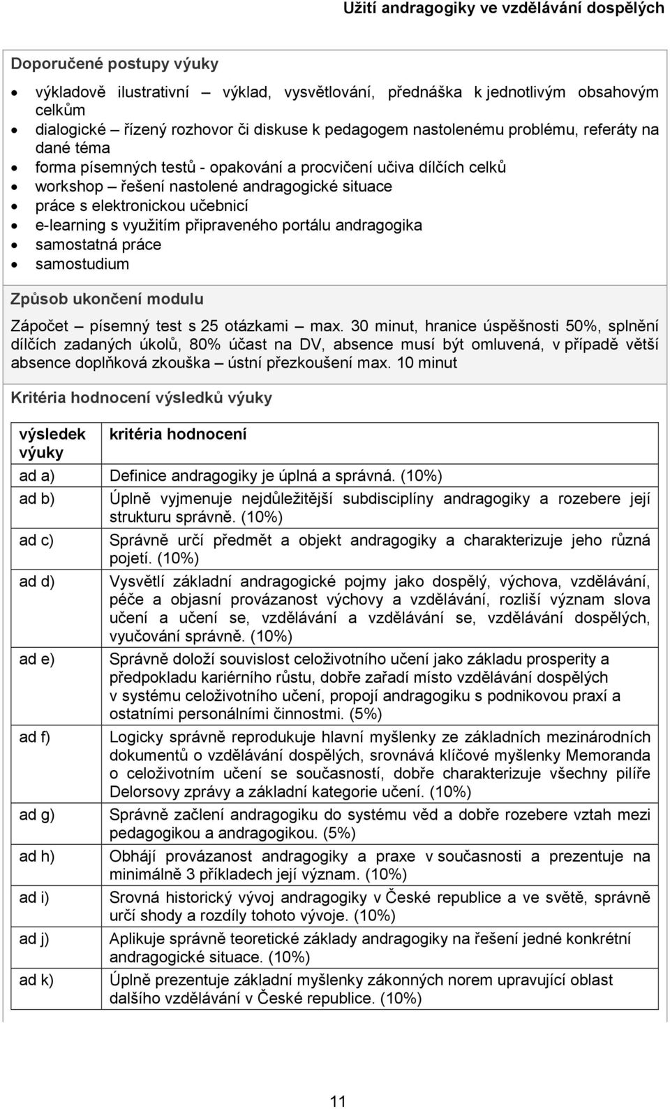 andragogika samostatná práce samostudium Způsob ukončení modulu Zápočet písemný test s 25 otázkami max.