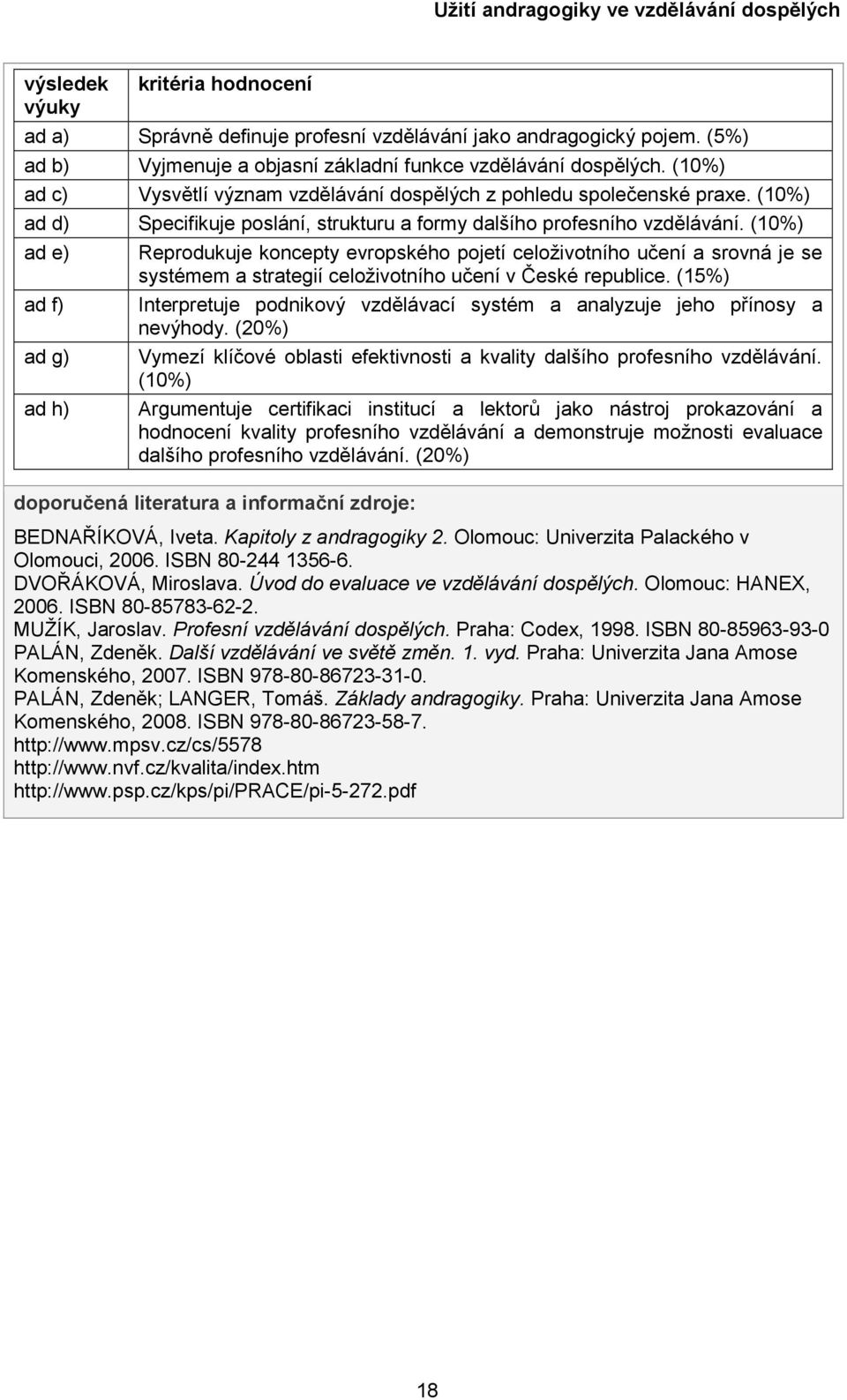 (10%) ad e) ad f) ad g) ad h) Reprodukuje koncepty evropského pojetí celoživotního učení a srovná je se systémem a strategií celoživotního učení v České republice.