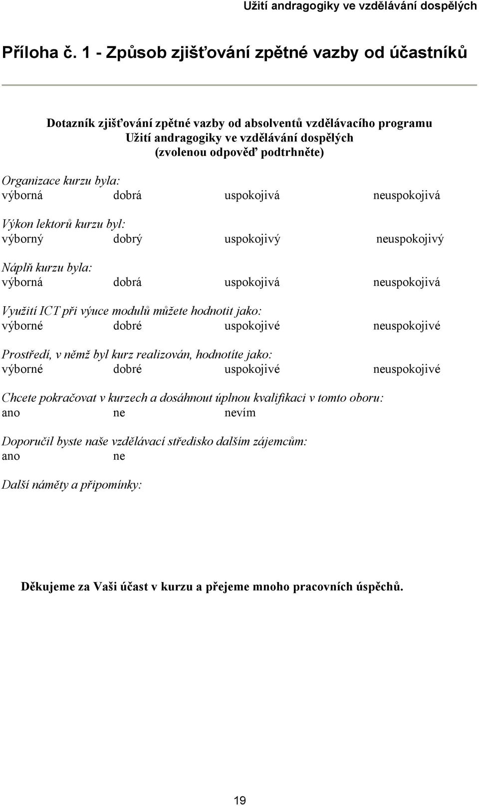 kurzu byla: výborná dobrá uspokojivá neuspokojivá Výkon lektorů kurzu byl: výborný dobrý uspokojivý neuspokojivý Náplň kurzu byla: výborná dobrá uspokojivá neuspokojivá Využití ICT při výuce modulů