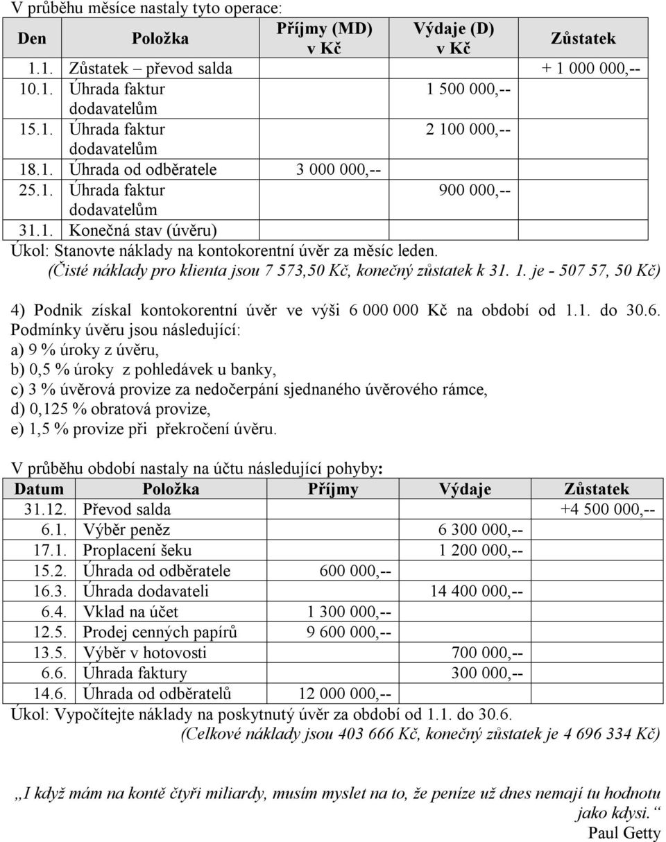 (Čisté náklady pro klienta jsou 7 573,50 Kč, konečný zůstatek k 31. 1. je - 507 57, 50 Kč) 4) Podnik získal kontokorentní úvěr ve výši 6 