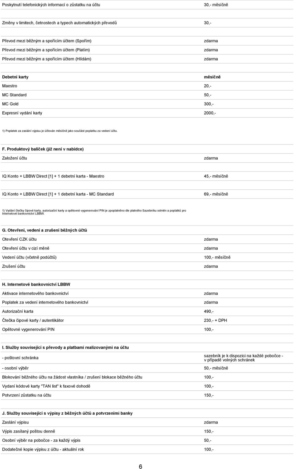 účtován měsíčně jako součást poplatku za vedení účtu. F.