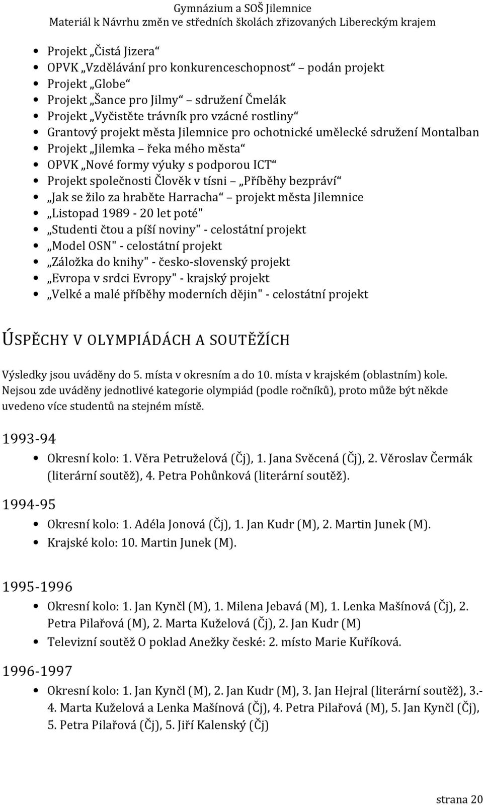 Harracha projekt města Jilemnice Listopad 1989-20 let poté" Studenti čtou a píší noviny" - celostátní projekt Model OSN" - celostátní projekt Záložka do knihy" - česko-slovenský projekt Evropa v