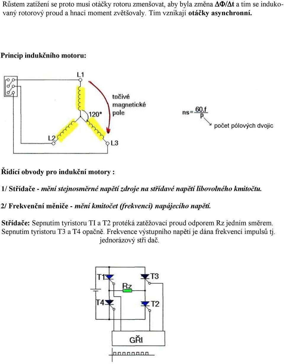 Princip indukčního motoru: počet pólových dvojic Řídící obvody pro indukční motory : 1/ Střídače - mění stejnosměrné napětí zdroje na střídavé napětí