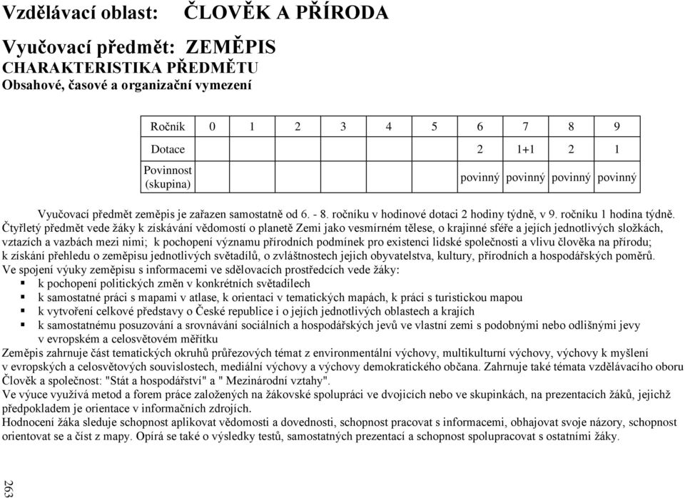 Čtyřletý předmět vede žáky k získávání vědomostí o planetě Zemi jako vesmírném tělese, o krajinné sféře a jejích jednotlivých složkách, vztazích a vazbách mezi nimi; k pochopení významu přírodních