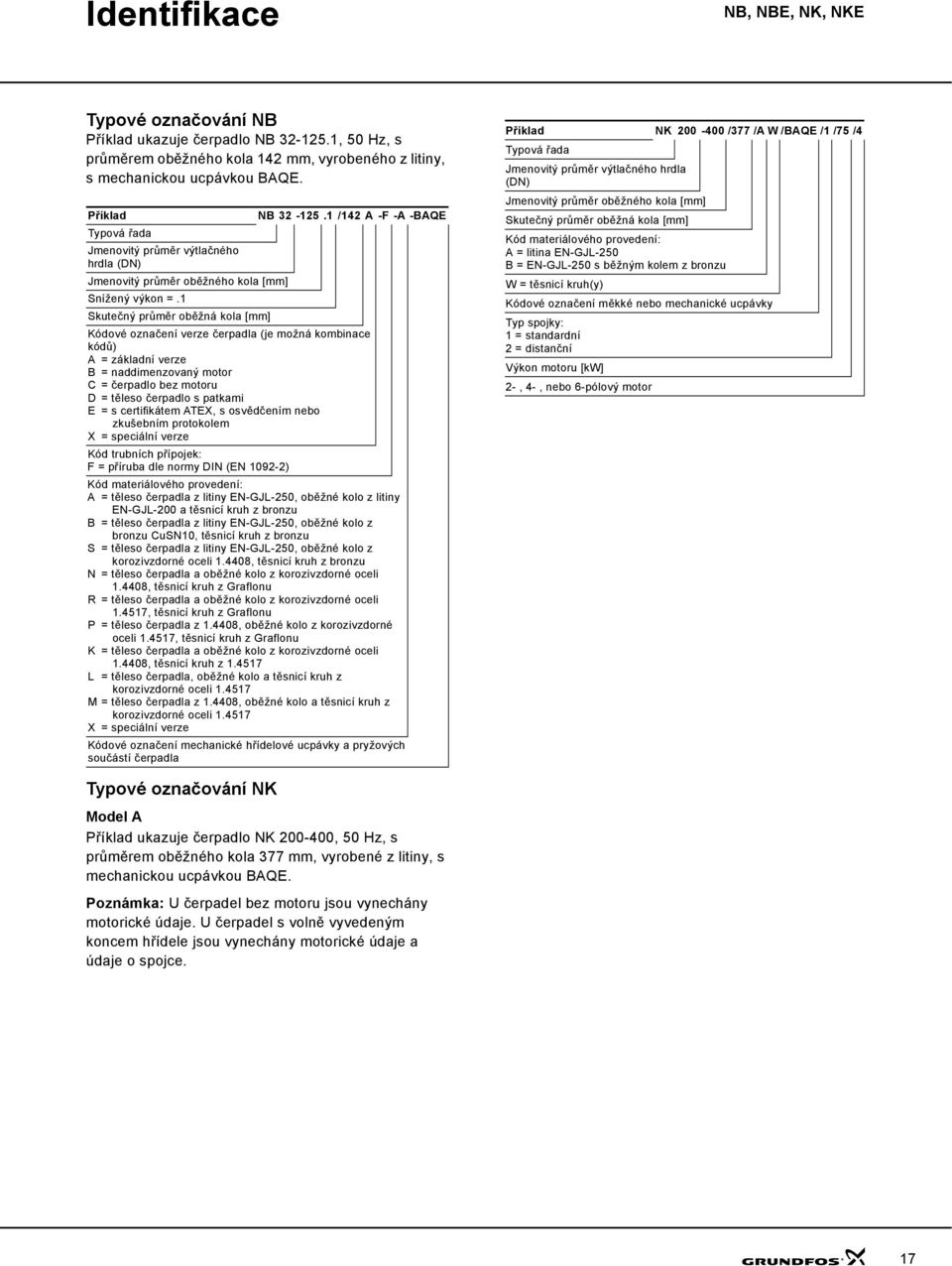 1 Skutečný průměr oběžná kola [mm] Kódové označení verze čerpadla (je možná kombinace kódů) A = základní verze B = naddimenzovaný motor C= čerpadlo bez motoru D= těleso čerpadlo s patkami E = s