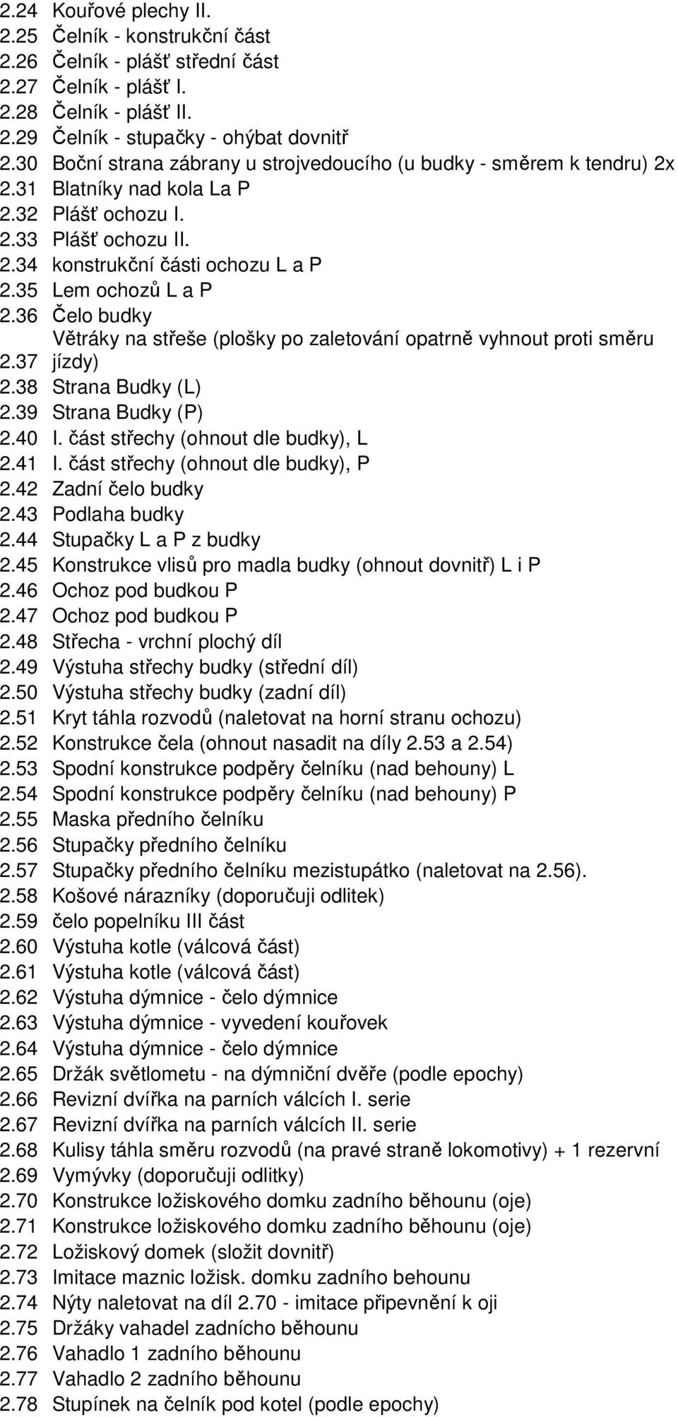 35 Lem ochozů L a P 2.36 Čelo budky Větráky na střeše (plošky po zaletování opatrně vyhnout proti směru 2.37 jízdy) 2.38 Strana Budky (L) 2.39 Strana Budky (P) 2.40 I.