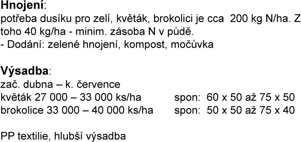 - Dodání: zelené hnojení, kompost, močůvka Výsadba: zač. dubna k.