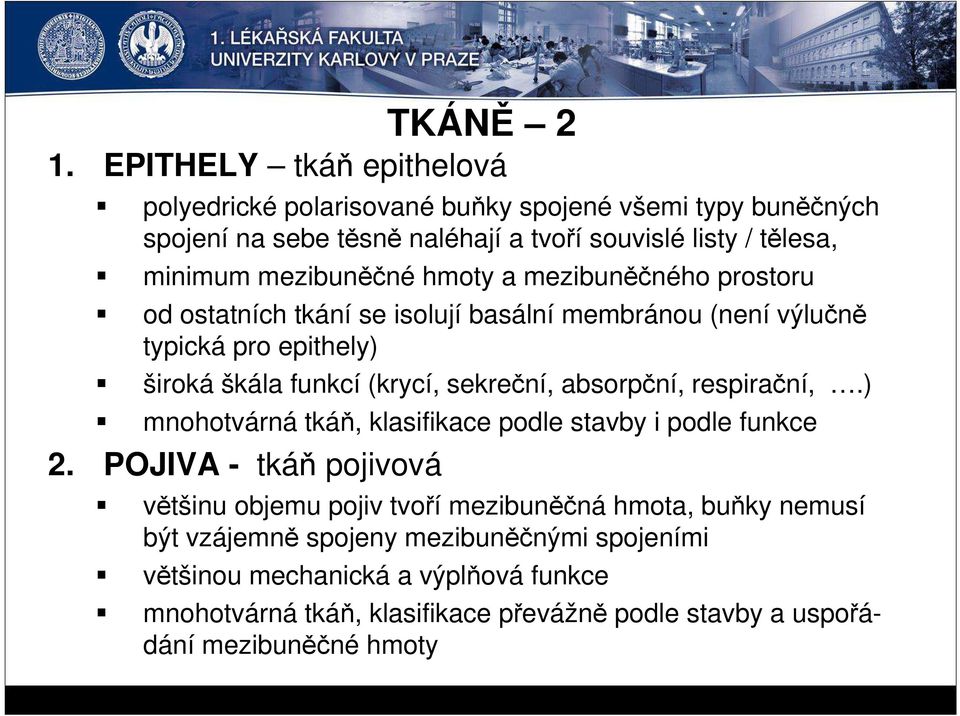 mezibuněčné hmoty a mezibuněčného prostoru od ostatních tkání se isolují basální membránou (není výlučně typická pro epithely) široká škála funkcí (krycí, sekreční,