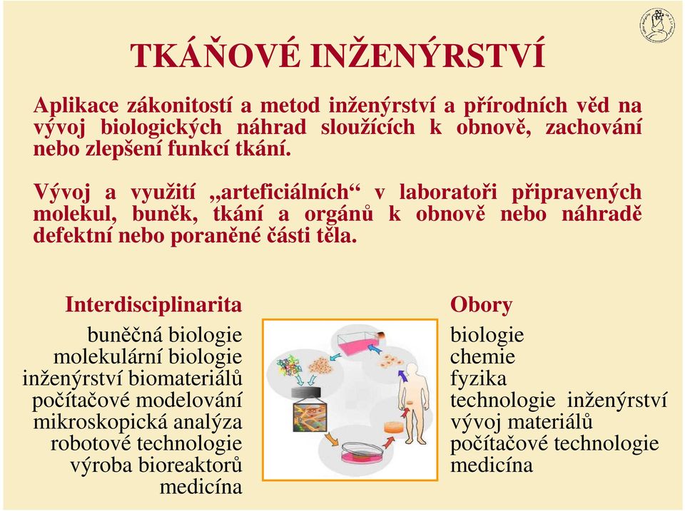 Vývoj a využití arteficiálních v laboratoři připravených molekul, buněk, tkání a orgánů k obnově nebo náhradě defektní nebo poraněnéčásti těla.