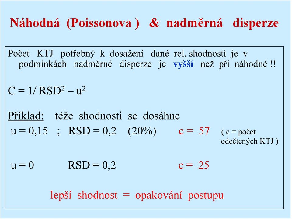 ! C = 1/ RSD 2 u 2 Příklad: téže shodnosti se dosáhne u = 0,15 ; RSD = 0,2 (20%)