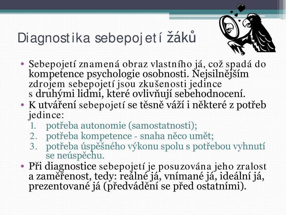 K utváření sebepojetí se těsně váží i některé z potřeb jedince: 1. potřeba autonomie (samostatnosti); 2. potřeba kompetence - snaha něco umět; 3.