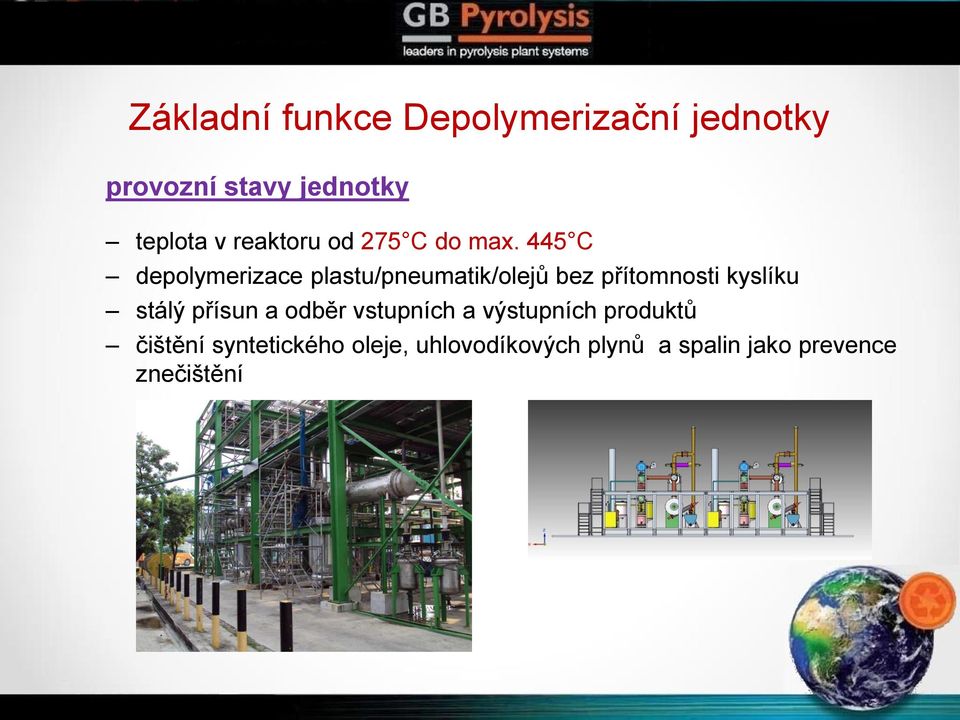 445 C depolymerizace plastu/pneumatik/olejů bez přítomnosti kyslíku stálý