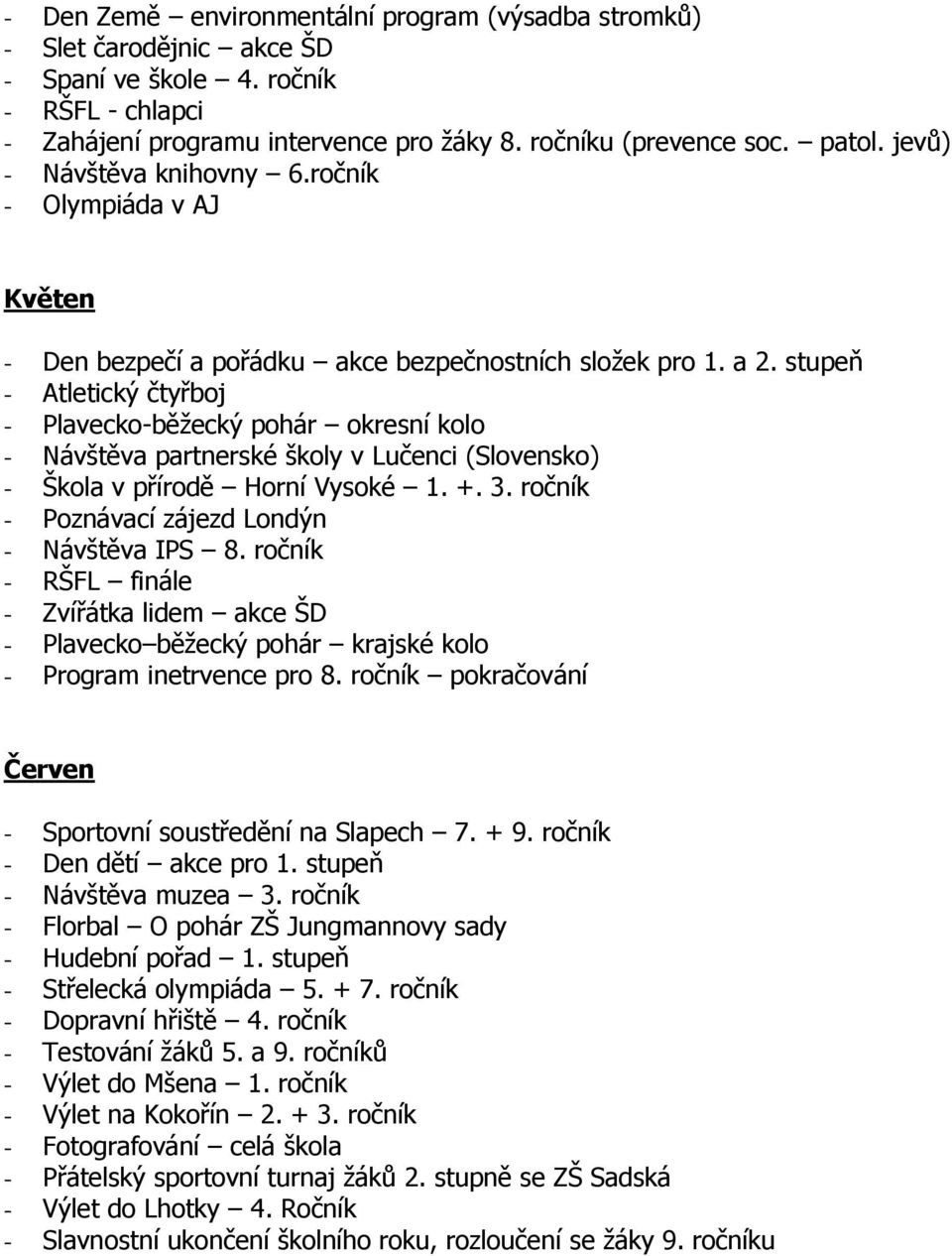stupeň - Atletický čtyřboj - Plavecko-běžecký pohár okresní kolo - Návštěva partnerské školy v Lučenci (Slovensko) - Škola v přírodě Horní Vysoké 1. +. 3.