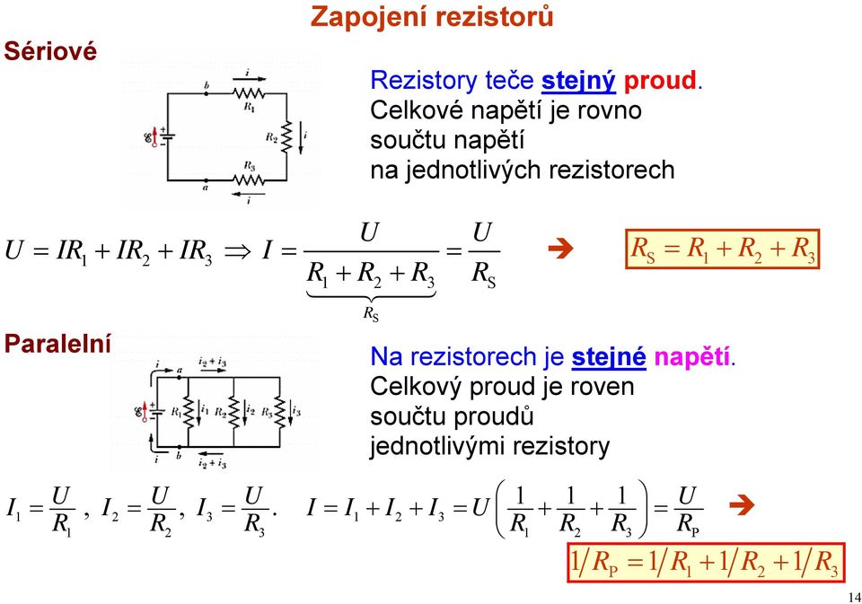 R Paralelní 1 2 3 S R S RS = R1+ R2 + R3 Na rezistorech je stejné napětí.