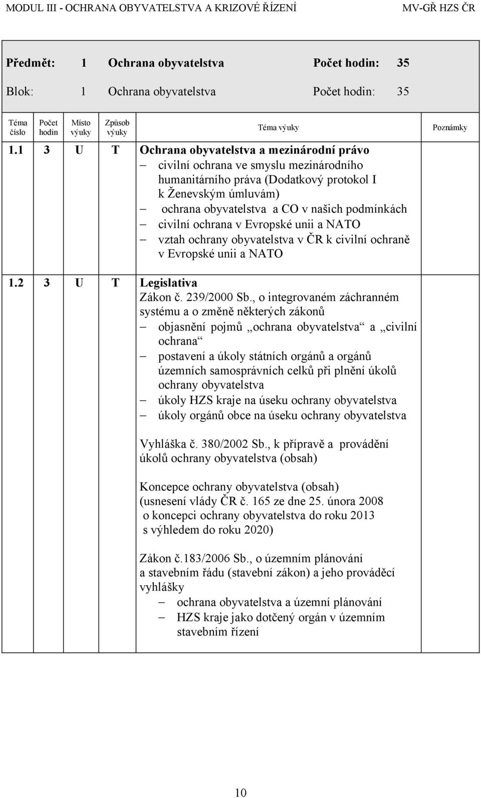 civilní ochrana v Evropské unii a NATO vztah ochrany obyvatelstva v ČR k civilní ochraně v Evropské unii a NATO Poznámky 1.2 3 U T Legislativa Zákon č. 239/2000 Sb.