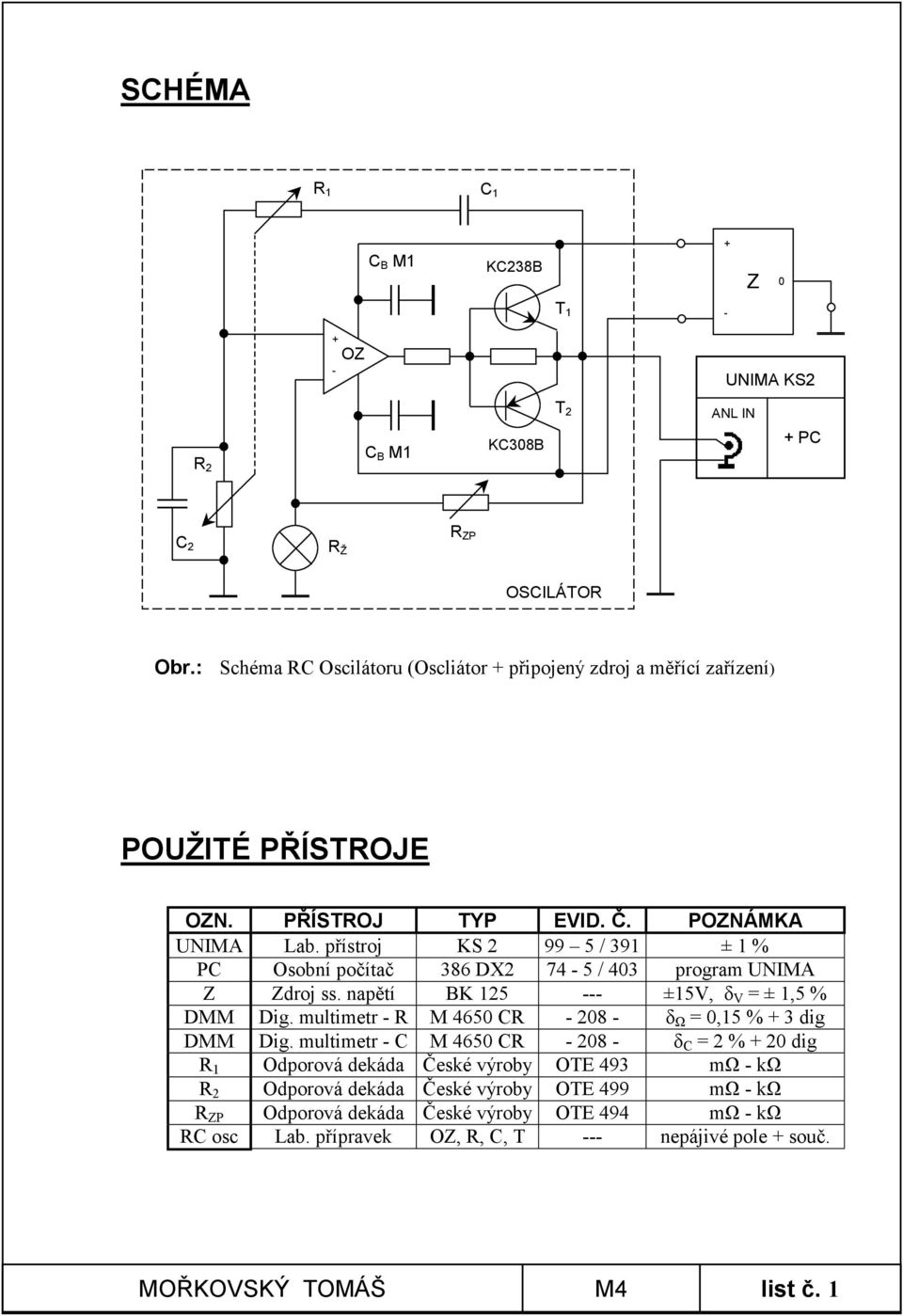 přístroj KS 2 99 5 / 39 ± % PC Osobní počítač 386 DX2 74-5 / 403 program NIMA Z Zdroj ss. napětí BK 25 --- ±5V, δ V ±,5 % DMM Dig.