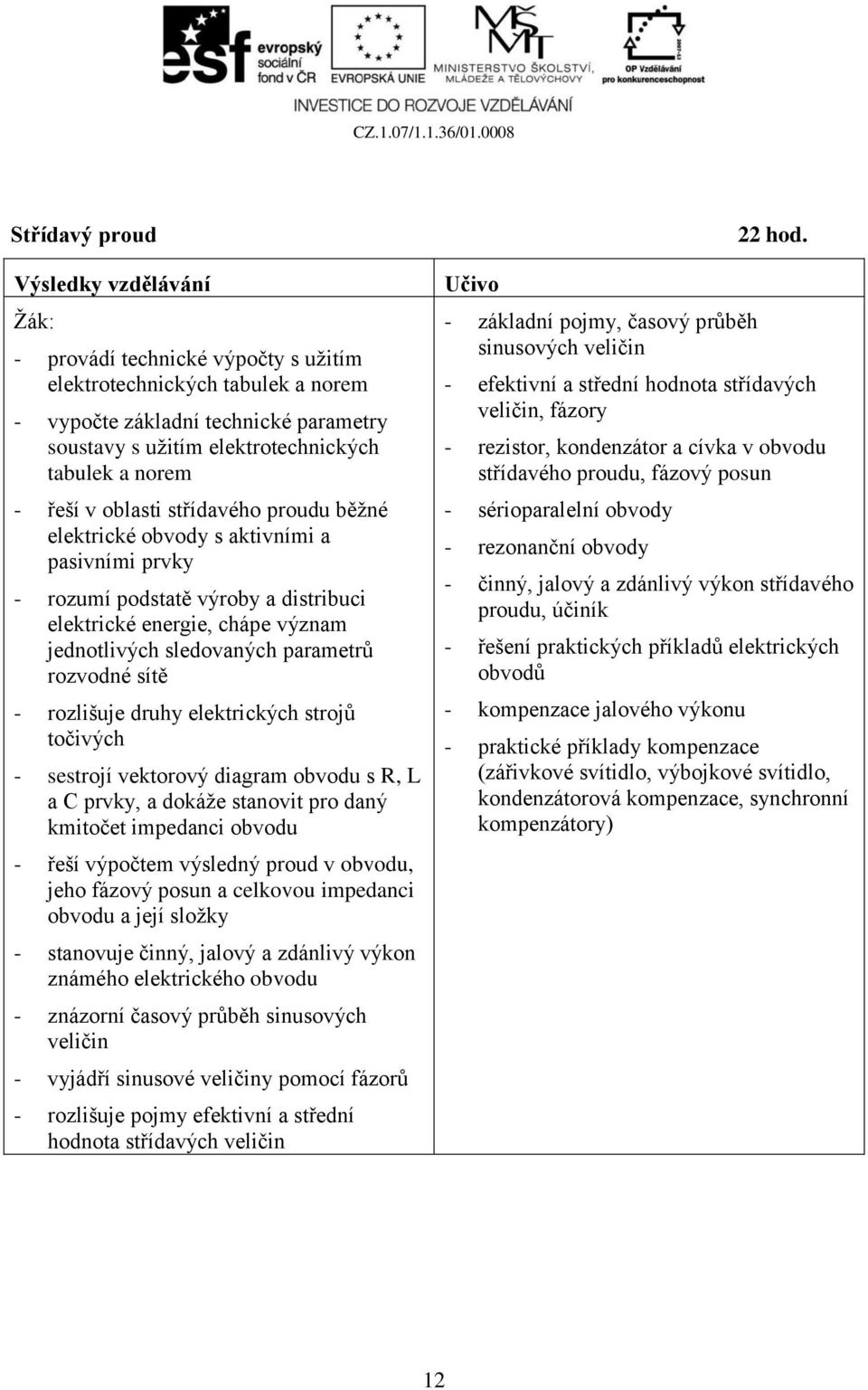 rozlišuje druhy elektrických strojů točivých - sestrojí vektorový diagram obvodu s R, L a C prvky, a dokáže stanovit pro daný kmitočet impedanci obvodu - řeší výpočtem výsledný proud v obvodu, jeho