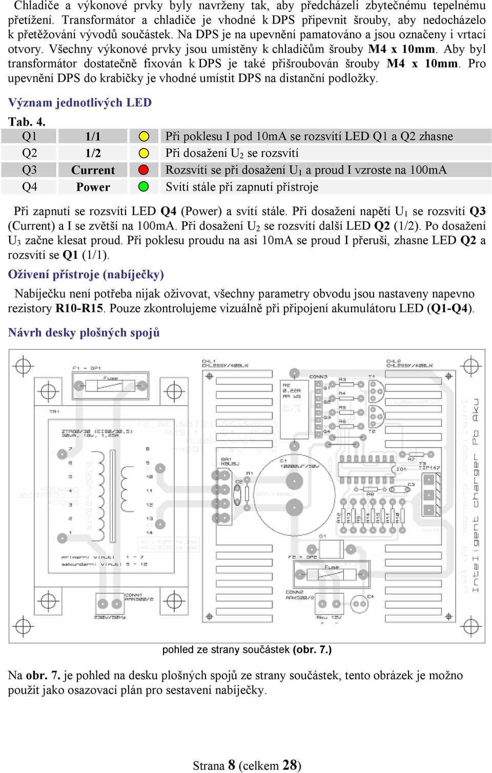 Aby byl transformátor dostatečně fixován k DPS je také přišroubován šrouby M4 x 10mm. Pro upevnění DPS do krabičky je vhodné umístit DPS na distanční podložky. Význam jednotlivých LED Tab. 4.