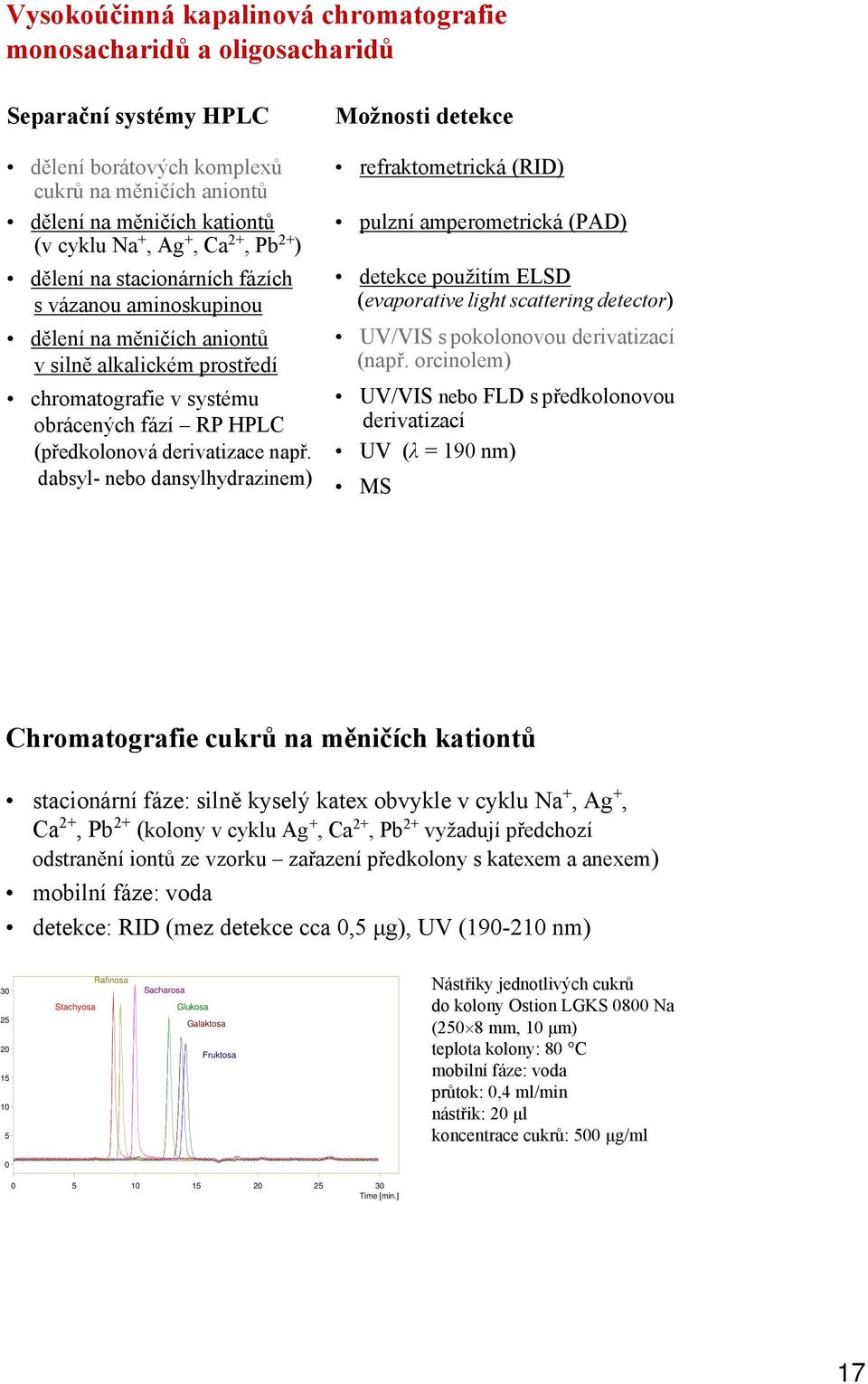 např. dabsyl- nebo dansylhydrazinem) Možnosti detekce refraktometrická (RID) pulzní amperometrická (PAD) detekce použitím ELSD (evaporative light scattering detector) UV/VIS s pokolonovou
