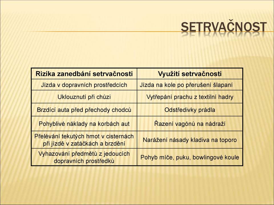 předmětů z jedoucích dopravních prostředků Využití setrvačnosti Jízda na kole po přerušení šlapaní Vytřepání prachu z