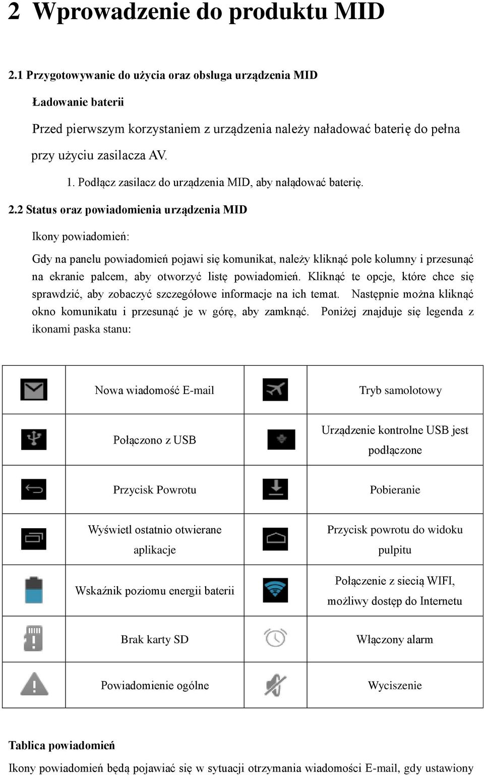 Podłącz zasilacz do urządzenia MID, aby nałądować baterię. 2.