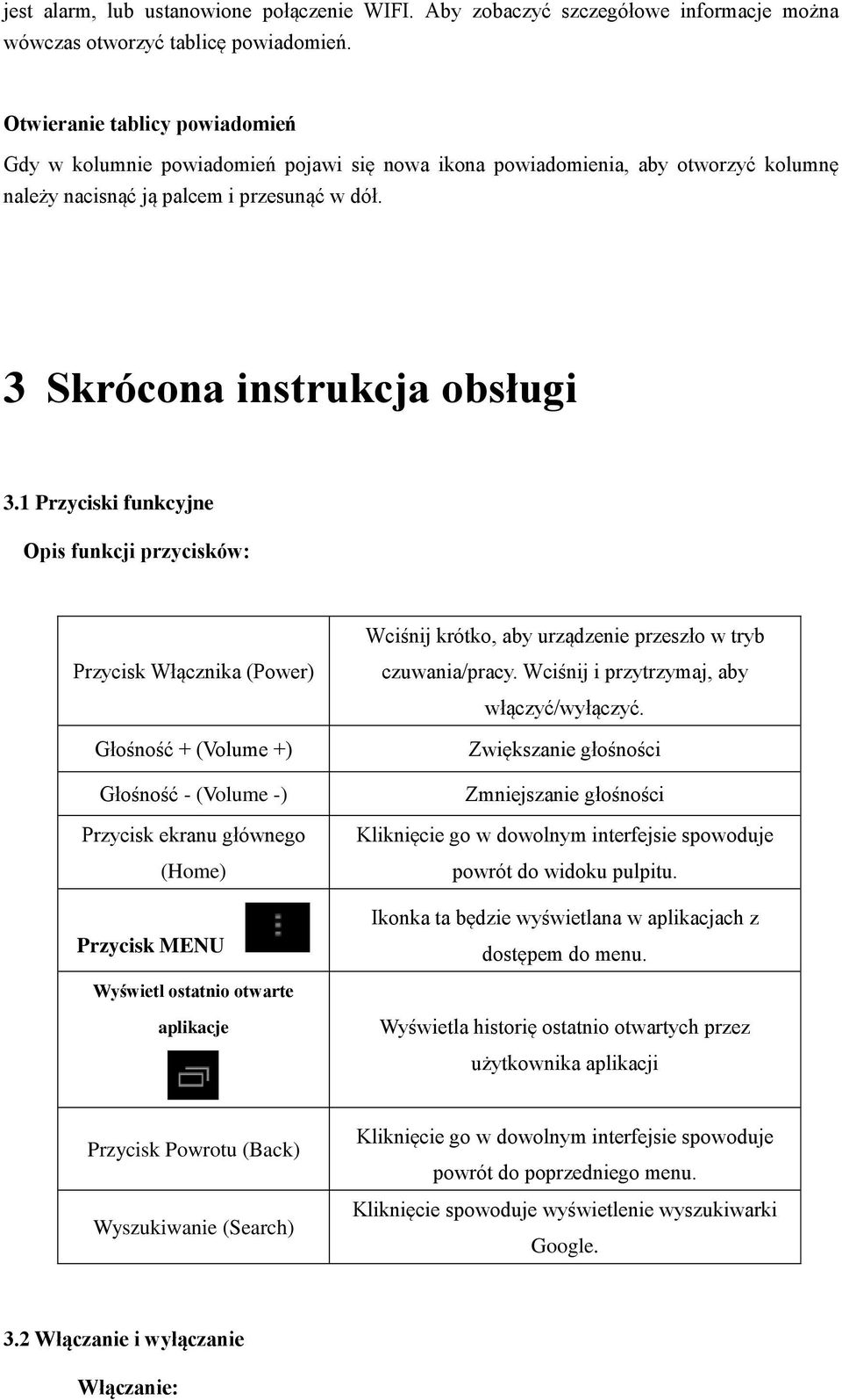 1 Przyciski funkcyjne Opis funkcji przycisków: Wciśnij krótko, aby urządzenie przeszło w tryb Przycisk Włącznika (Power) Głośność + (Volume +) Głośność - (Volume -) Przycisk ekranu głównego (Home)