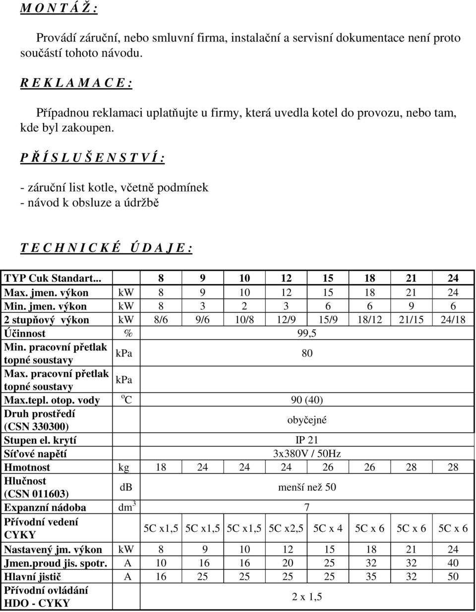 P Ř Í S L U Š E N S T V Í : - záruční list kotle, včetně podmínek - návod k obsluze a údržbě T E C H N I C K É Ú D A J E : TYP Cuk Standart... 8 9 10 12 15 18 21 24 Max. jmen.