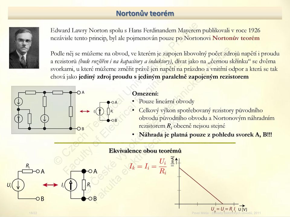 které můžeme změřit právě jen napětí na prázdno a vnitřní odpor a která se tak chová jako jediný zdroj proudu s jediným paralelně zapojeným rezistorem Omezení: Pouze lineární obvody