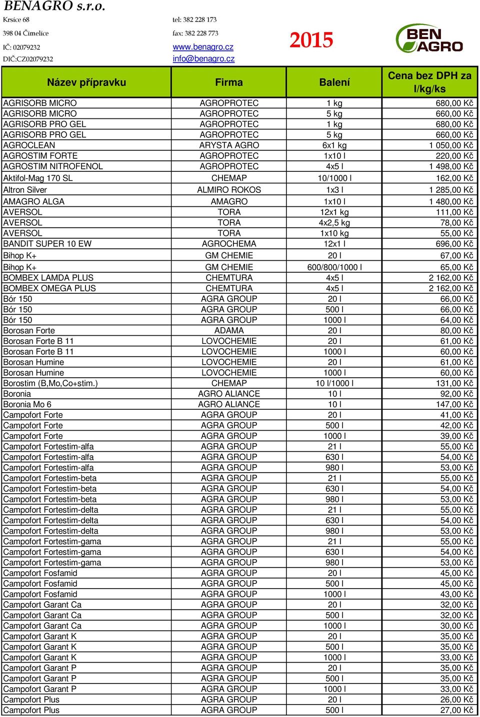 660,00 Kč AGROCLEAN ARYSTA AGRO 6x1 kg 1 050,00 Kč AGROSTIM FORTE AGROPROTEC 1x10 l 220,00 Kč AGROSTIM NITROFENOL AGROPROTEC 4x5 l 1 498,00 Kč Aktifol-Mag 170 SL CHEMAP 10/1000 l 162,00 Kč Altron