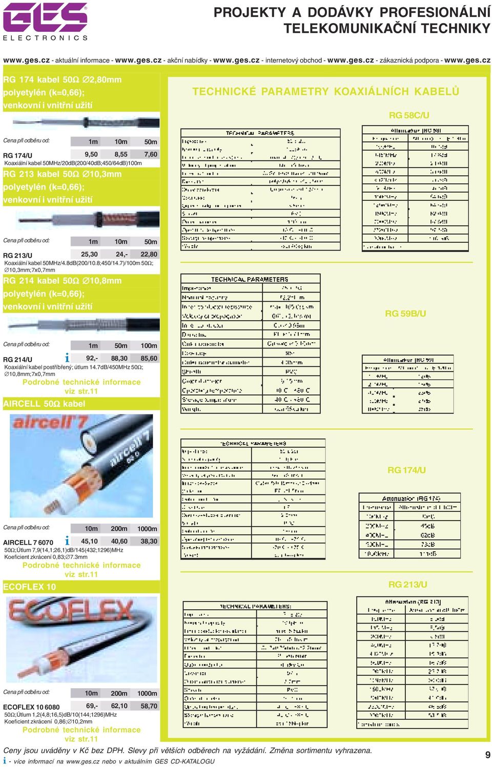 7)/100m 50Ω; 10,3mm;7x0,7mm RG 214 kabel 50Ω 10,8mm polyetylén (k=0,66); venkovní i vnitřní užití RG 59B/U 1m 50m 100m RG 214/U i 92,- 88,30 85,60 Koaxiální kabel postříbřený; útlum 14.