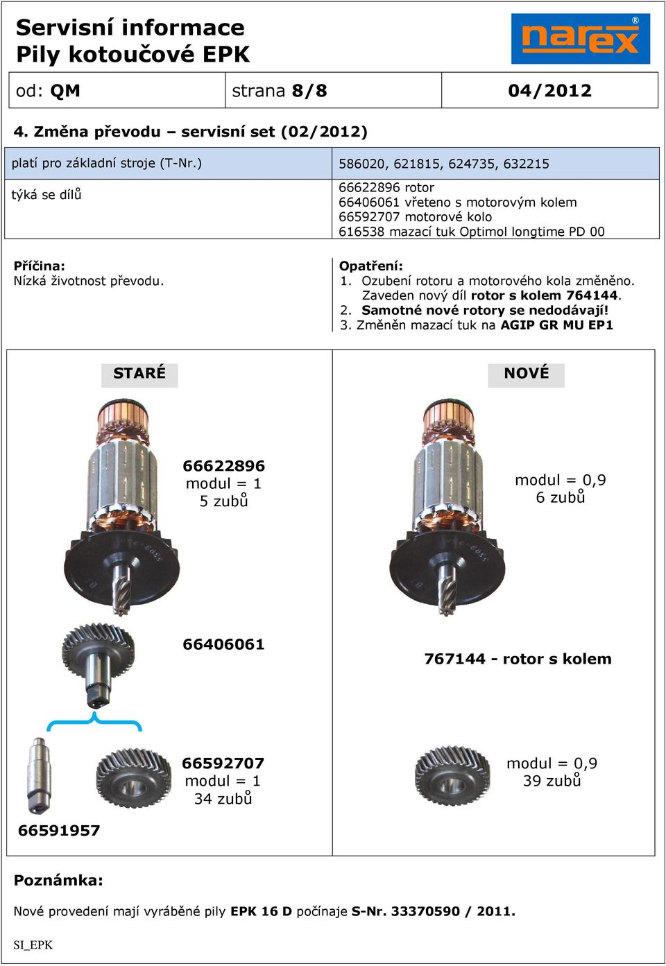 66622896 rotor 66406061 vřeteno s motorovým kolem 66592707 motorové kolo 616538 mazací tuk Optimol longtime PD 00 Opatření: 1. Ozubení rotoru a motorového kola změněno.